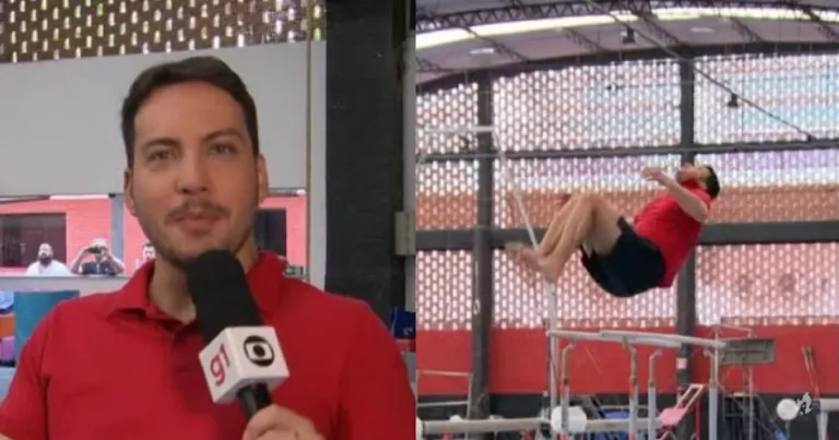 Vídeo: Repórter da Globo impressiona ao reproduzir salto de Rebeca Andrade