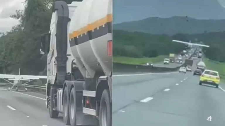 Vídeo: Avião monomotor faz pouso forçado em meio a carros e caminhões na BR-101 em SC