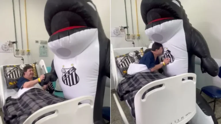 Funcionário do Santos F.C. com Síndrome de Down se emociona ao receber visita de mascote em hospital