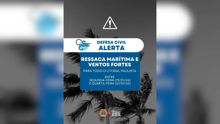 Defesa Civil emite alerta de chuva e ventos fortes para o litoral paulista