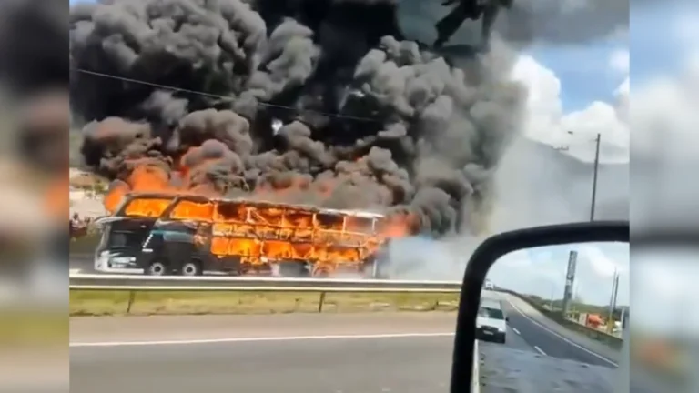 Vídeo: ônibus com mais de 30 passageiros pega fogo na BR-101, em SC