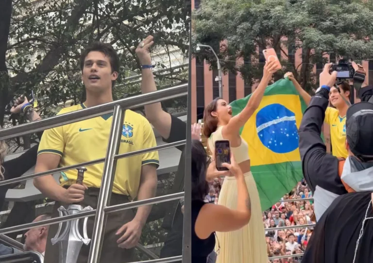 Nicholas Galitzine surge com camisa do Brasil e é tietado por fãs em SP