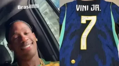Travis Scott veste camisa do Brasil e recebe presente de Vini Jr.