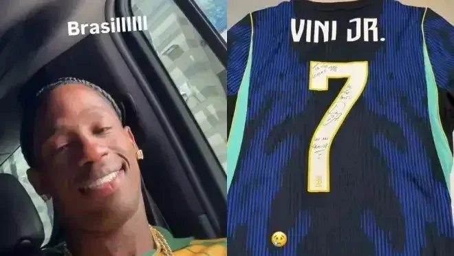 Travis Scott veste camisa do Brasil e recebe presente de Vini Jr.