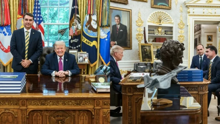 Trump surpreende e publica fotos inéditas ao lado de Flávio Bolsonaro na Casa Branca