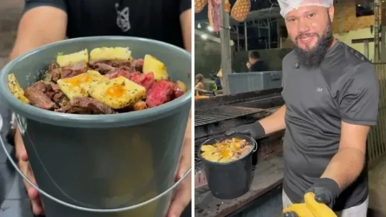 Churrasco no balde vira sucesso local e chama a atenção do público; confira a origem dessa história e como o prato é servido
